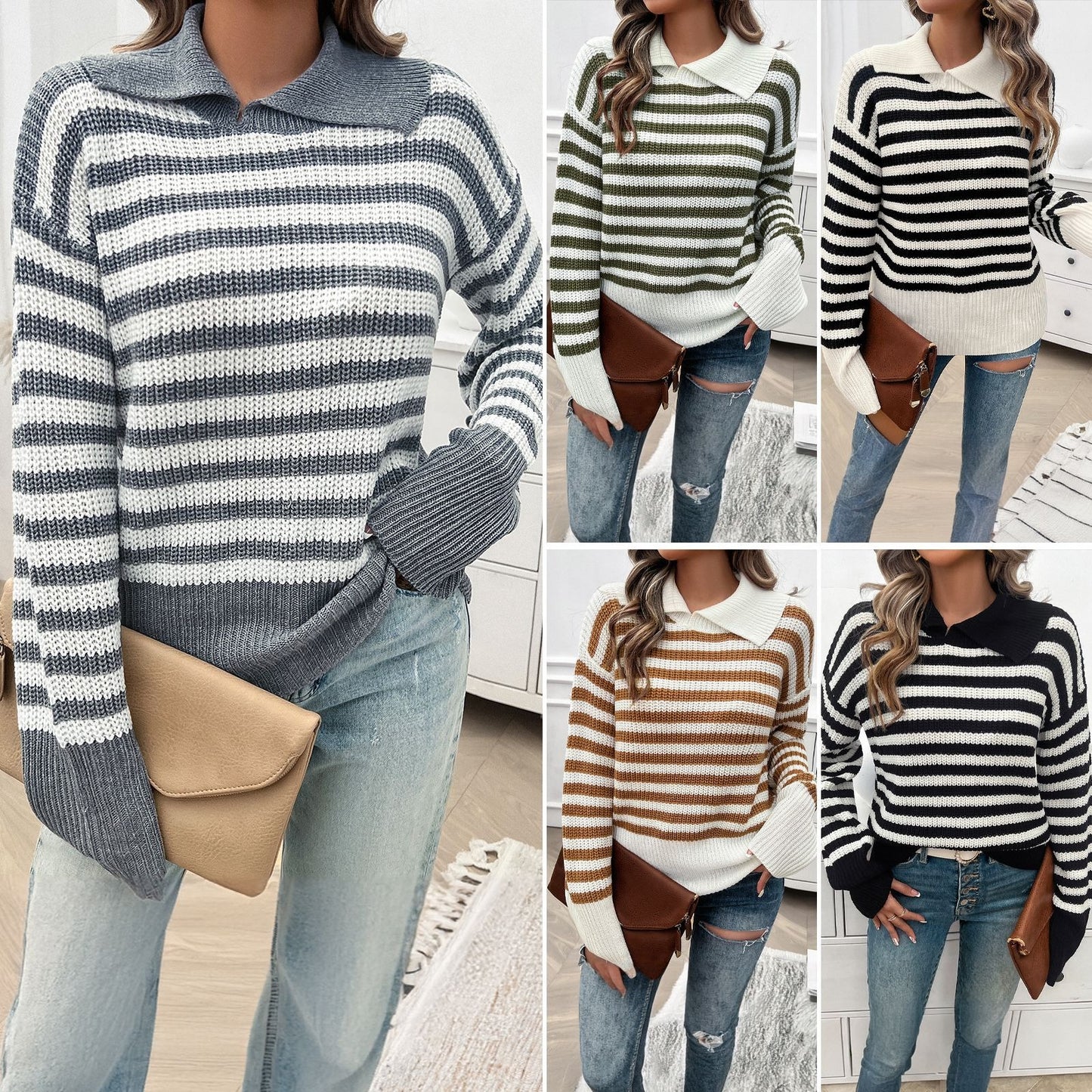 European and American autumn and winter top women's casual loose collar striped long sleeved sweater for women