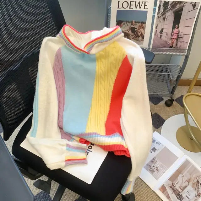 Rainbow Striped Hooded Sweater Pullover Women Stylish Streetwear Fashion Chic Crop Tops  Autumn Winter Long Sleeve Knitwear