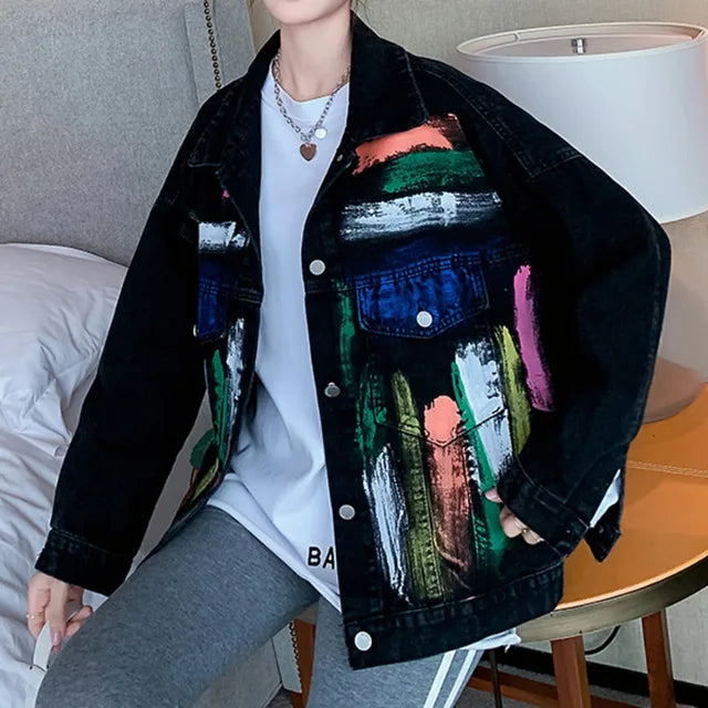 Fashion High Street Long Sleeve Hand-Painted Colour Denim Jackets Loose All-match Women Jeans Coat