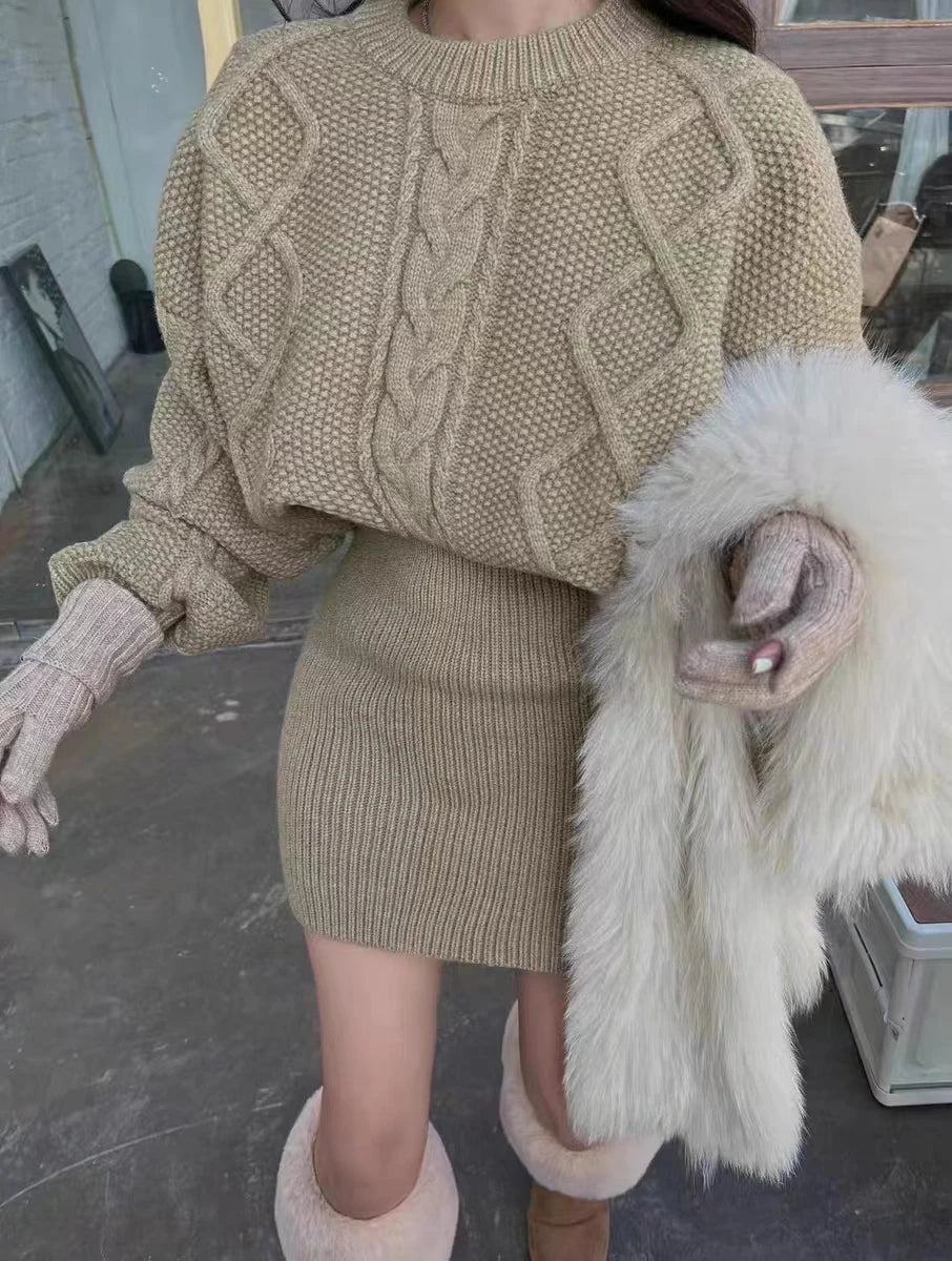 Knit Dress Chunky Cable-knit Long Sleeve Ribbed Mini Sweater Dress Women Autumn Winter Outfit