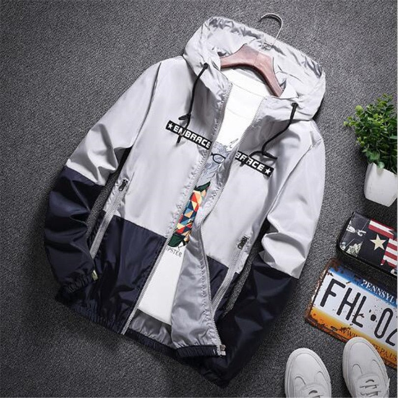 Spring Autumn Bomber Hooded Jacket Men Casual Slim Patchwork Windbreaker Jacket Male Outwear Zipper Thin Coat Brand Clothing