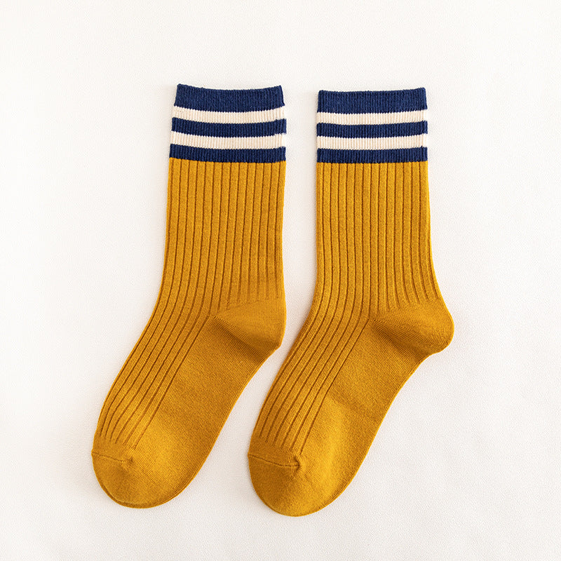 Socks Women's Spring and Autumn Popular Cotton Pile Socks Japanese Two Bar Retro Medium Long Tube Tidy Women's Socks College Style Socks