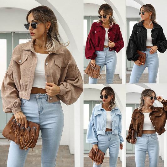 Autumn and winter European and American casual lapel corduroy jacket with lantern sleeves, single breasted short jacket for women