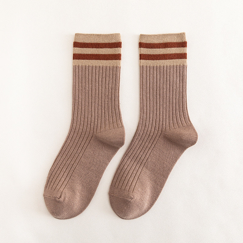 Socks Women's Spring and Autumn Popular Cotton Pile Socks Japanese Two Bar Retro Medium Long Tube Tidy Women's Socks College Style Socks