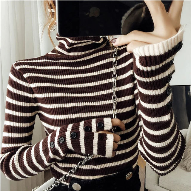 Women Striped Sweater Autumn Winter New Korean Fashion Slim Pullover Basic Top Soft Knit Sweaters Long Sleeve Button