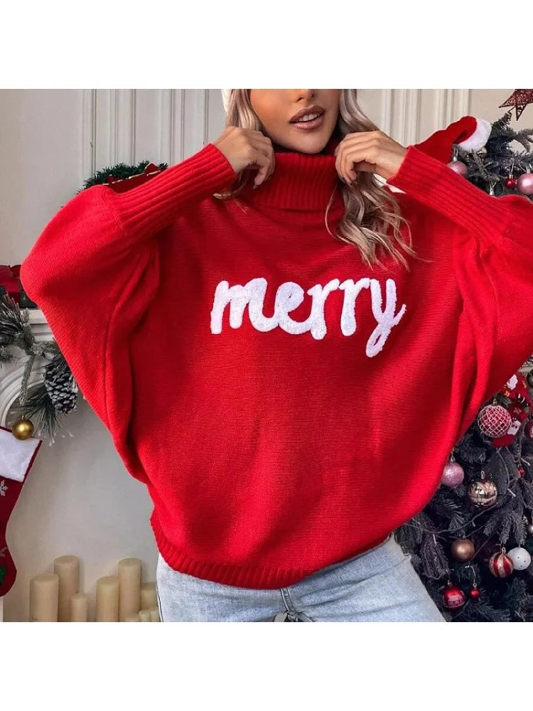 Fashion Knitt Embroidery Women Woolen Sweater Elegant Batwing Sleeve Female Turtleneck  Autumn Winter Christmas Pullover