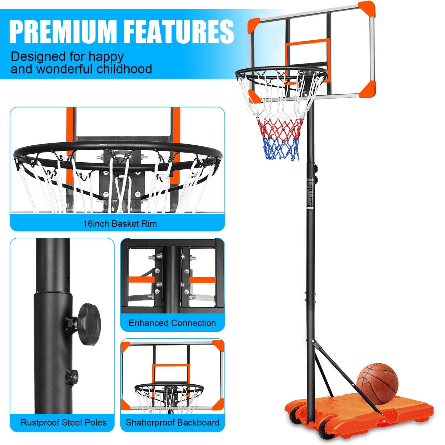 Portable Basketball Goal System with Stable Base and Wheels use for Indoor Outdoor