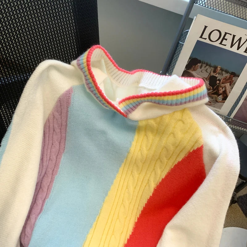 Rainbow Striped Hooded Sweater Pullover Women Stylish Streetwear Fashion Chic Crop Tops  Autumn Winter Long Sleeve Knitwear