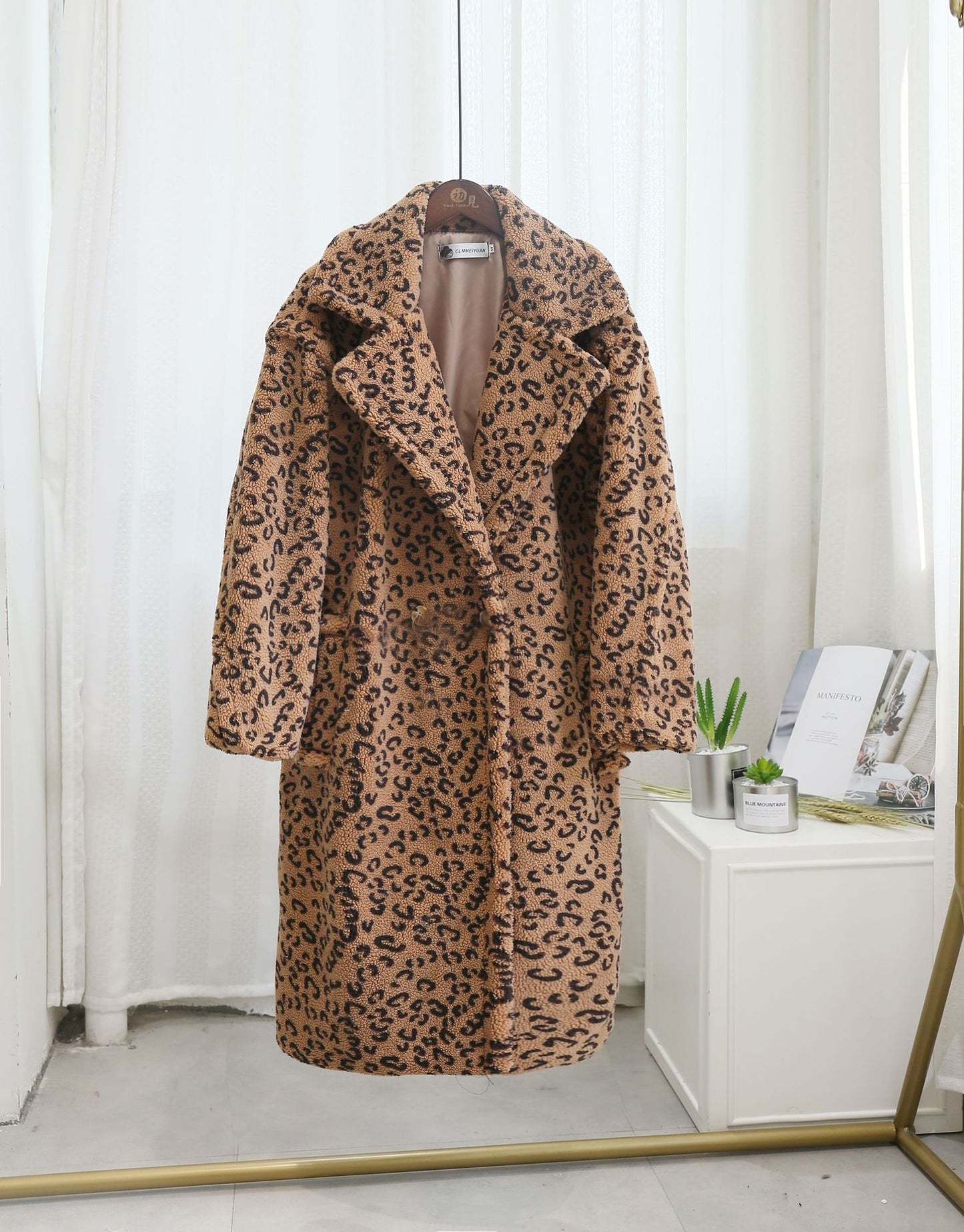 Winter Leopard Print Lapel Collar Long Fleece Jacket Women Oversized Pink Faux Fur Coat Thick Warm Teddy Jacket