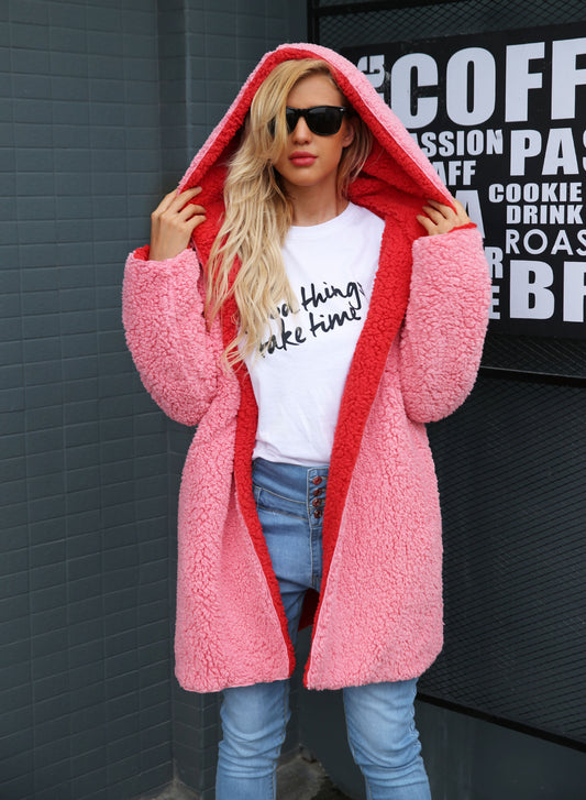 Hooded teddy jacket pink fur coat women Plus size lambswool long winter coat Hairly faux fur jacket female overcoat