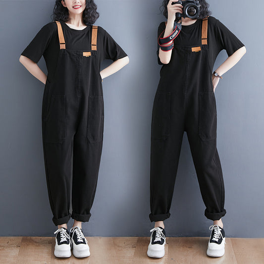 Spring loose large size denim overalls women's fashion simple casual loose suspender denim jumpsuit