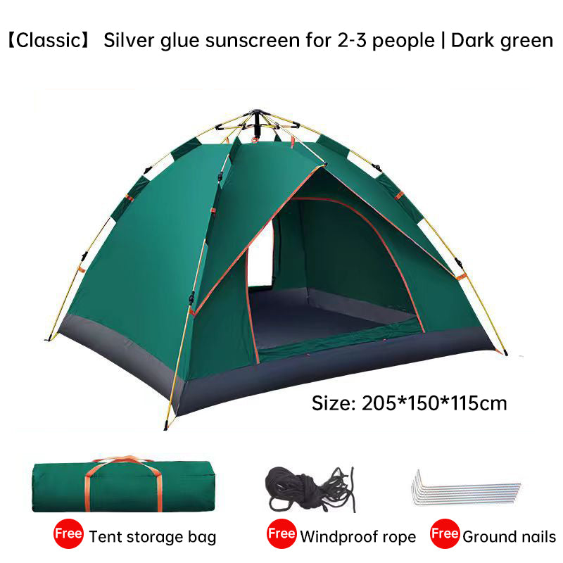 Quick-Deploy Green/White Outdoor Tent, Comfortably Accommodating 3-4 People on Camping Trips