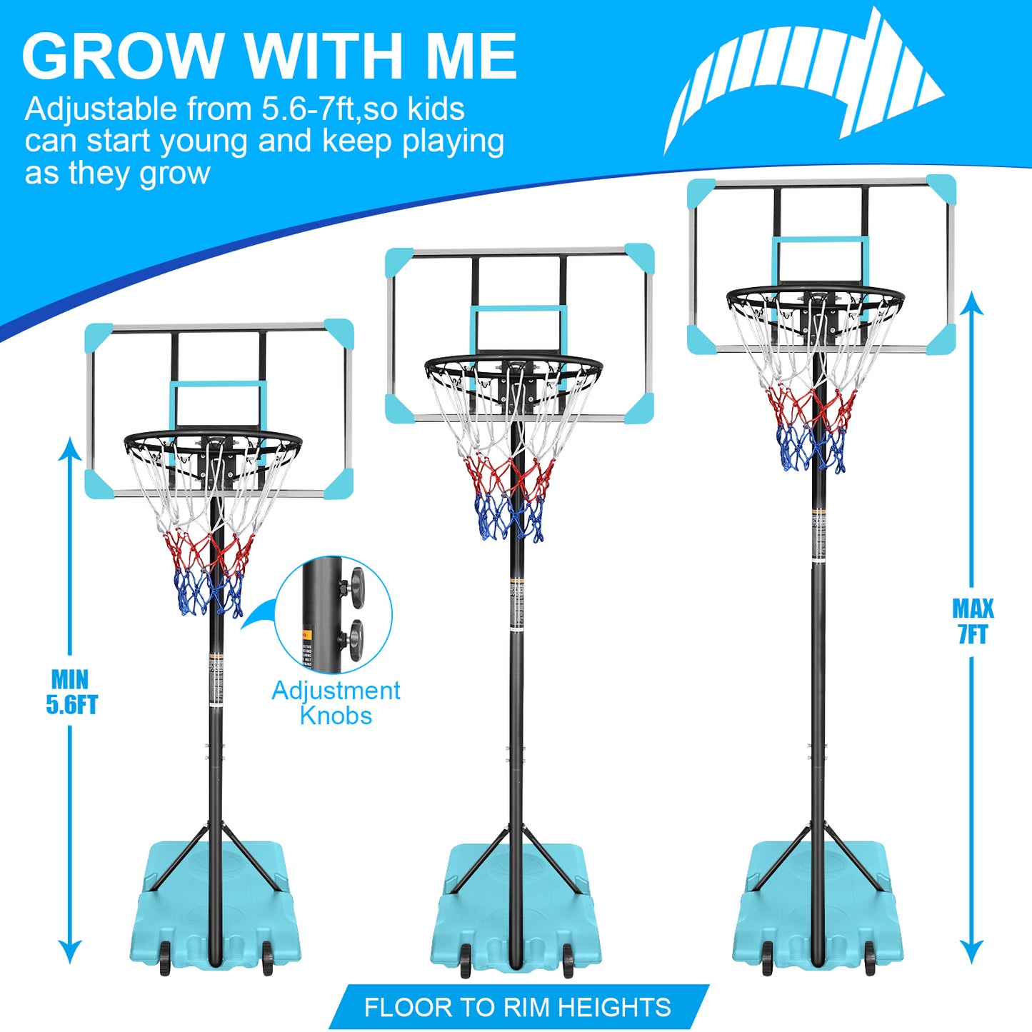 Portable Basketball Goal System with Stable Base and Wheels use for Indoor Outdoor teenagers youth height adjustable