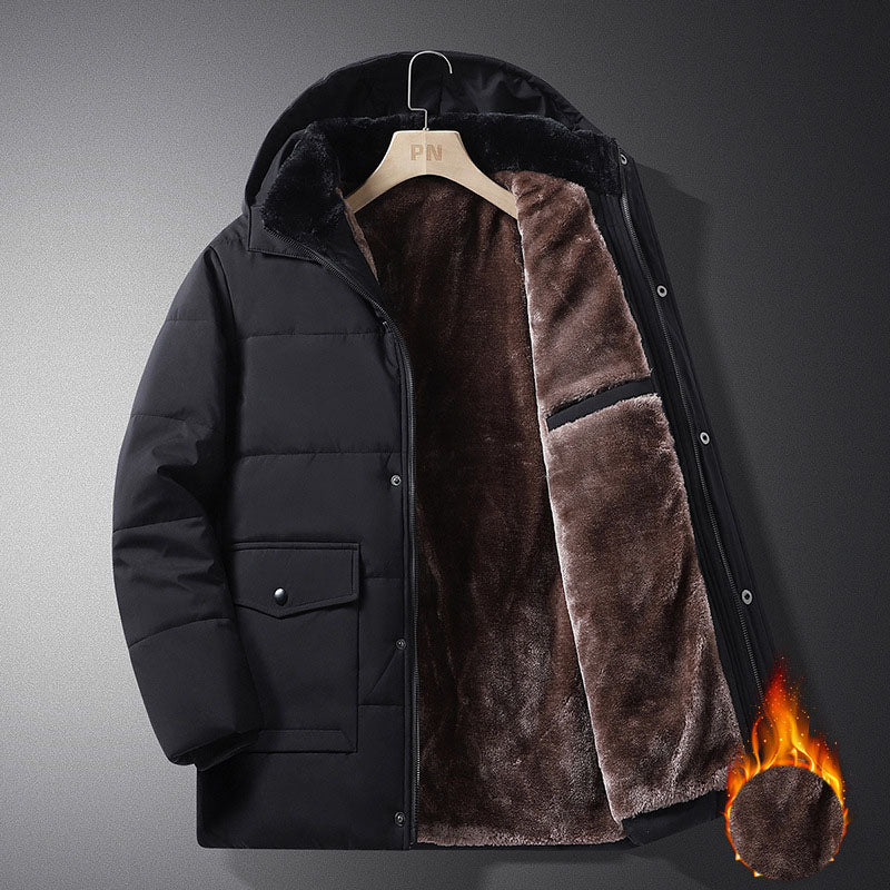 Coat men's winter new style with added velvet and thickened warm cotton clothing, business and leisure mid length hooded plus size men's cotton clothing