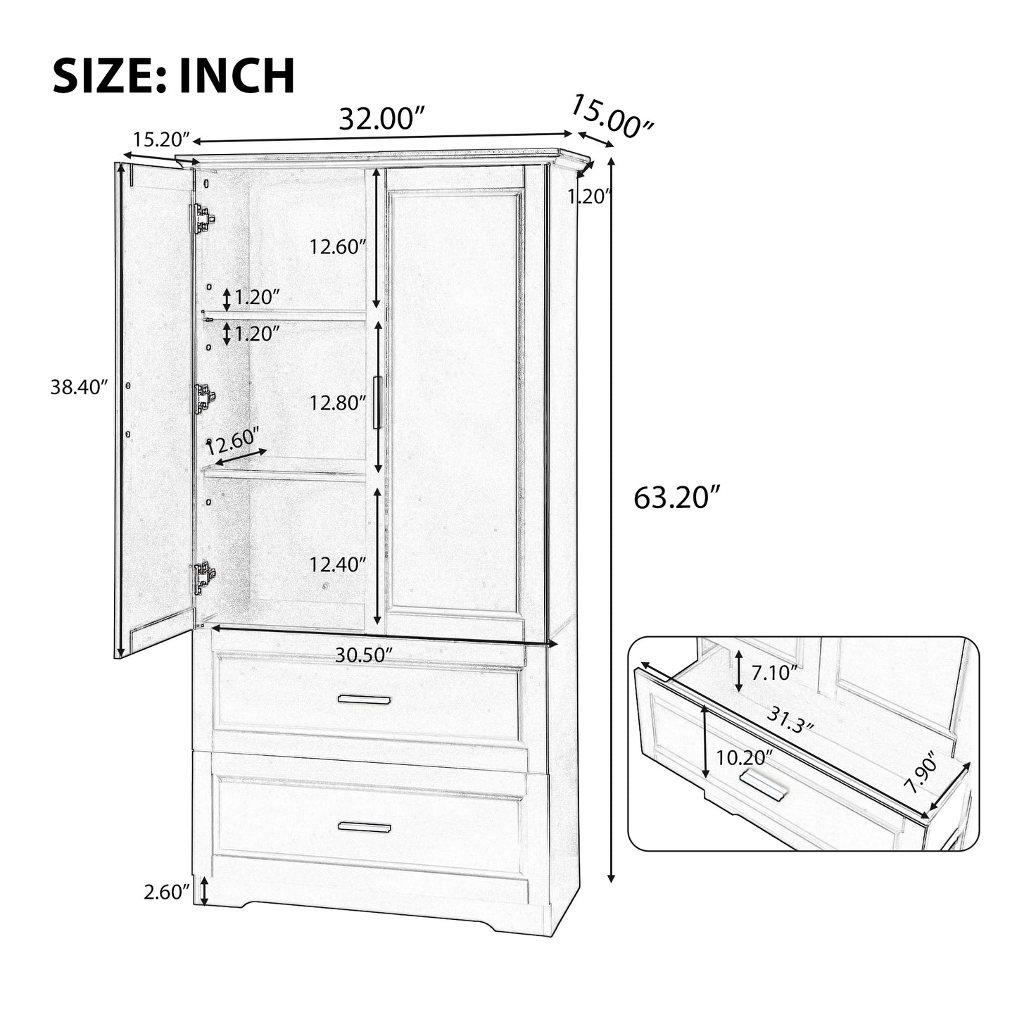 Tall Bathroom Storage Cabinet, Cabinet with Two Doors and Drawers, Adjustable Shelf, MDF Board, Black