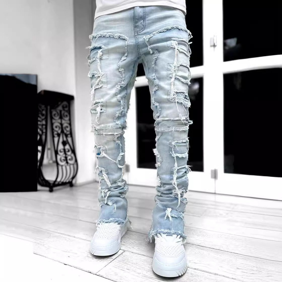 Men's denim straight leg pants with elastic patch fabric