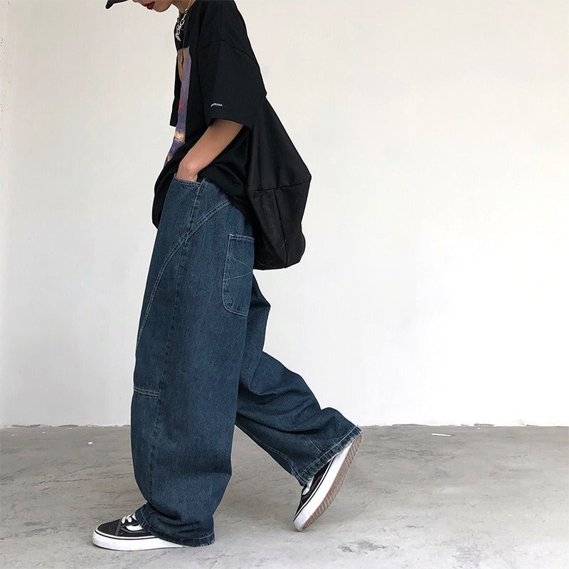 Autumn new loose wide-leg workwear bloomers Japanese retro drape straight casual washed jeans for men and women