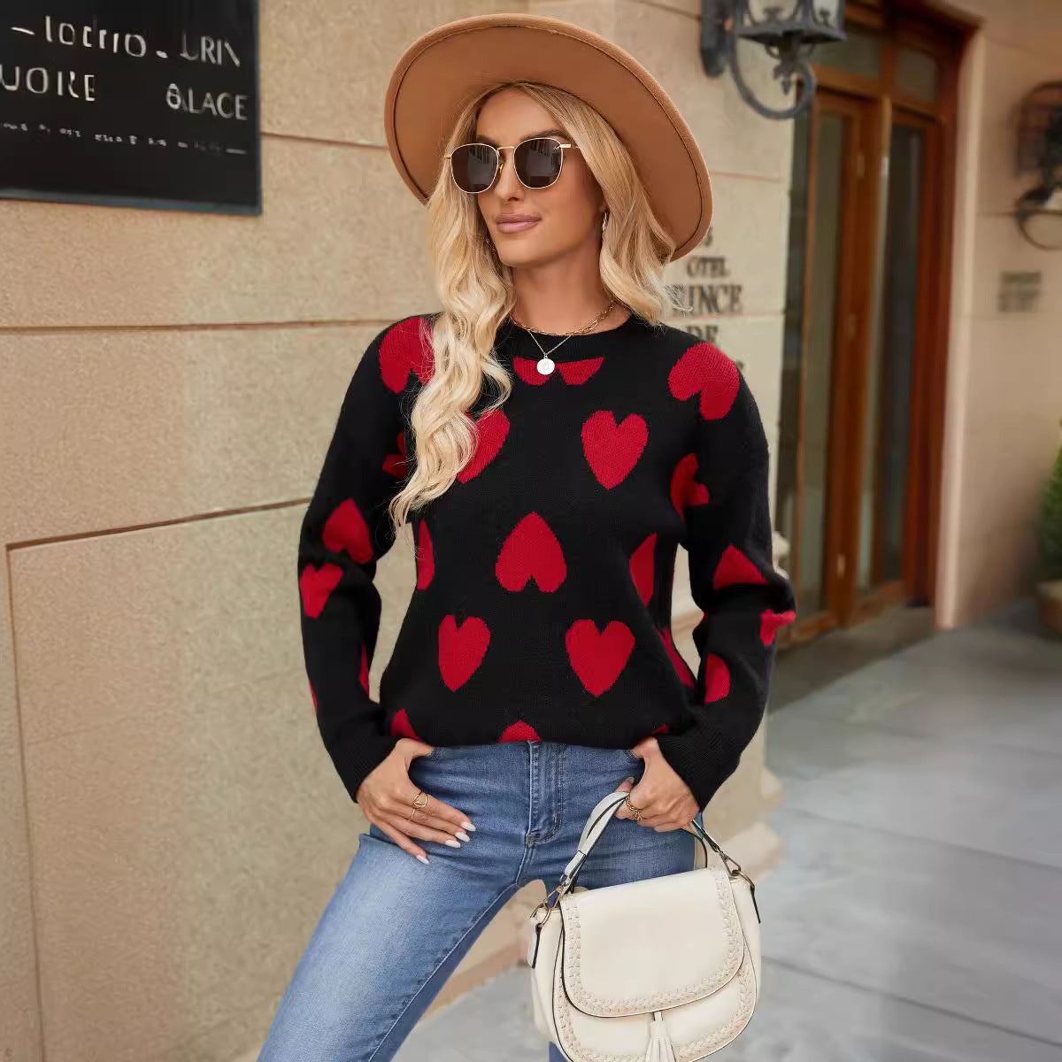 Love sweater autumn and winter knitted jacquard round neck pullover knitted sweater top for women