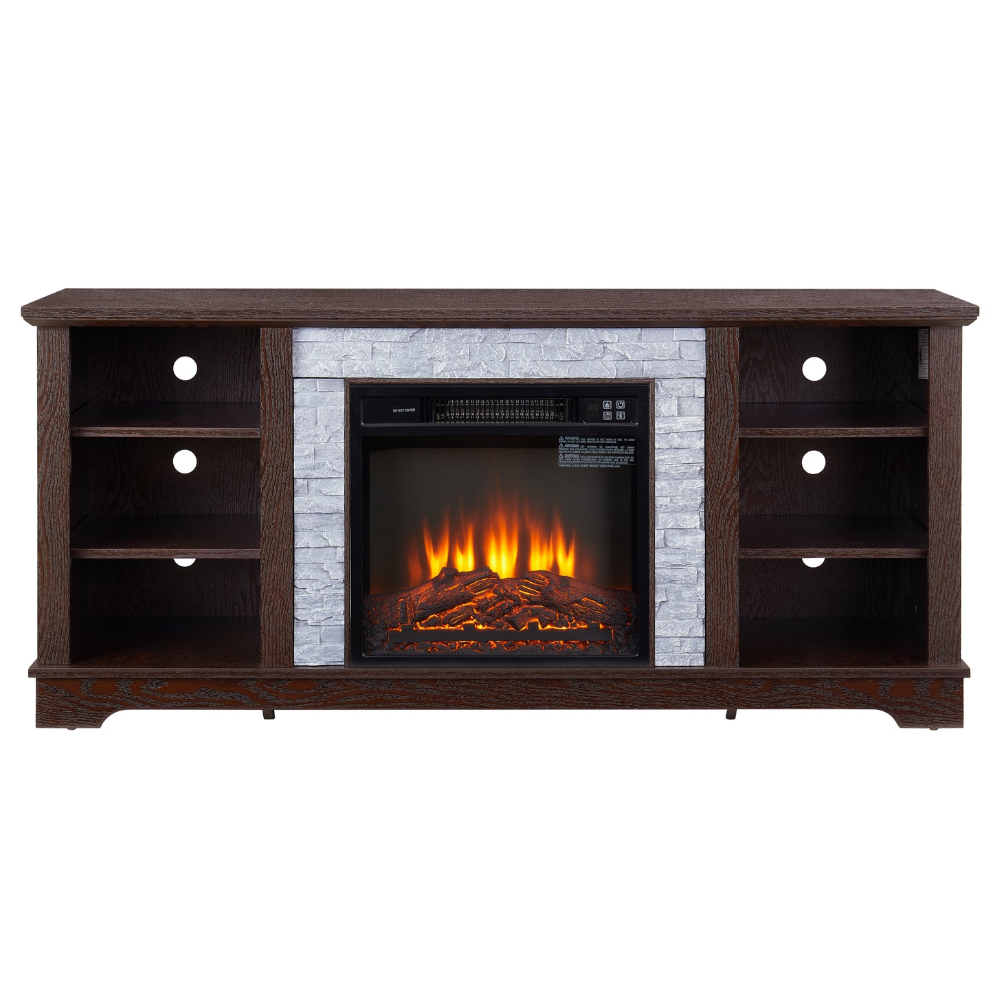 18 inch cherry colored fireplace with open entertainment console space, 58.31 inches wide, 15.39 inches deep, and 26.06 inches h