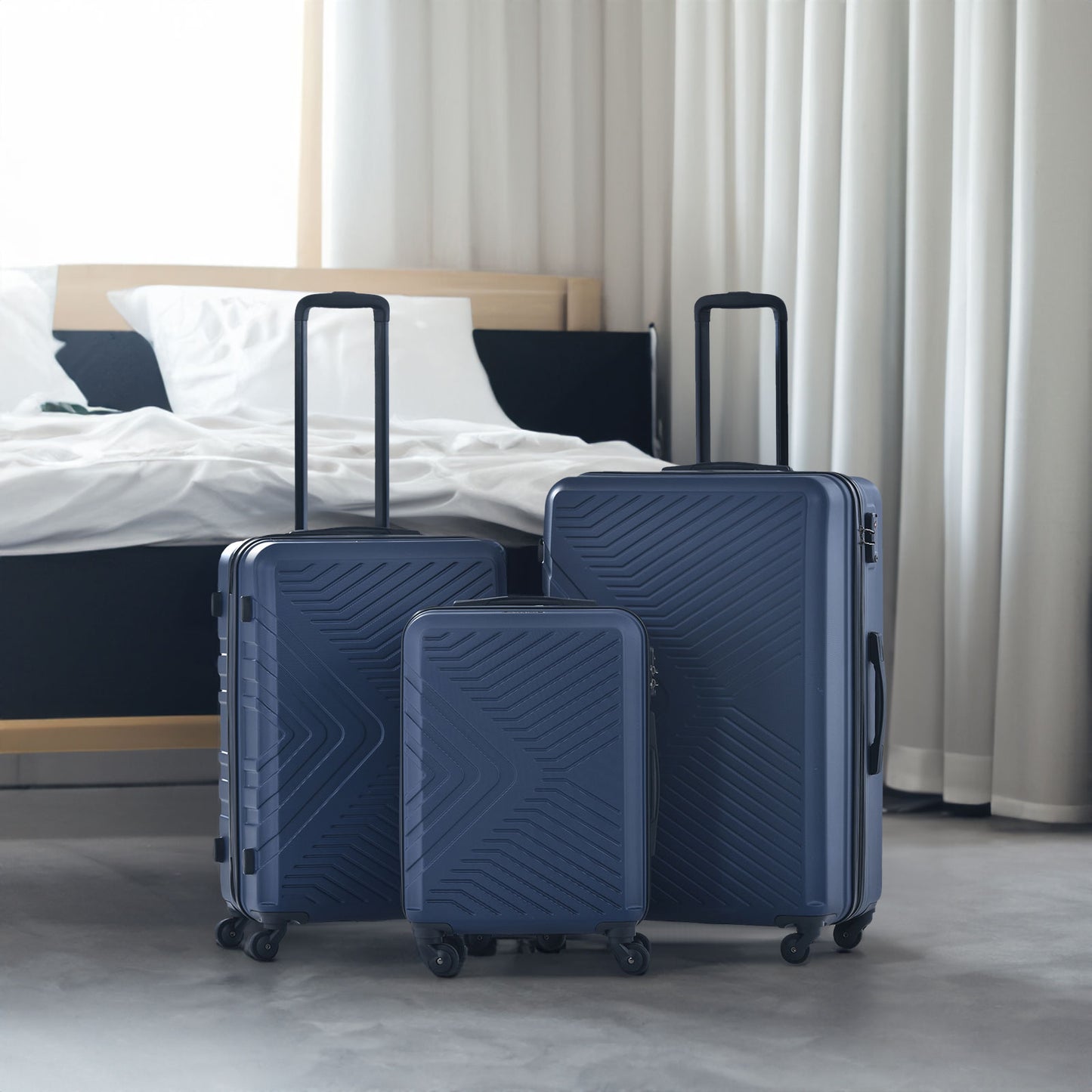 3 Piece Luggage Sets ABS Lightweight Suitcase with Two Hooks, Spinner Wheels, TSA Lock, (20/24/28) Navy