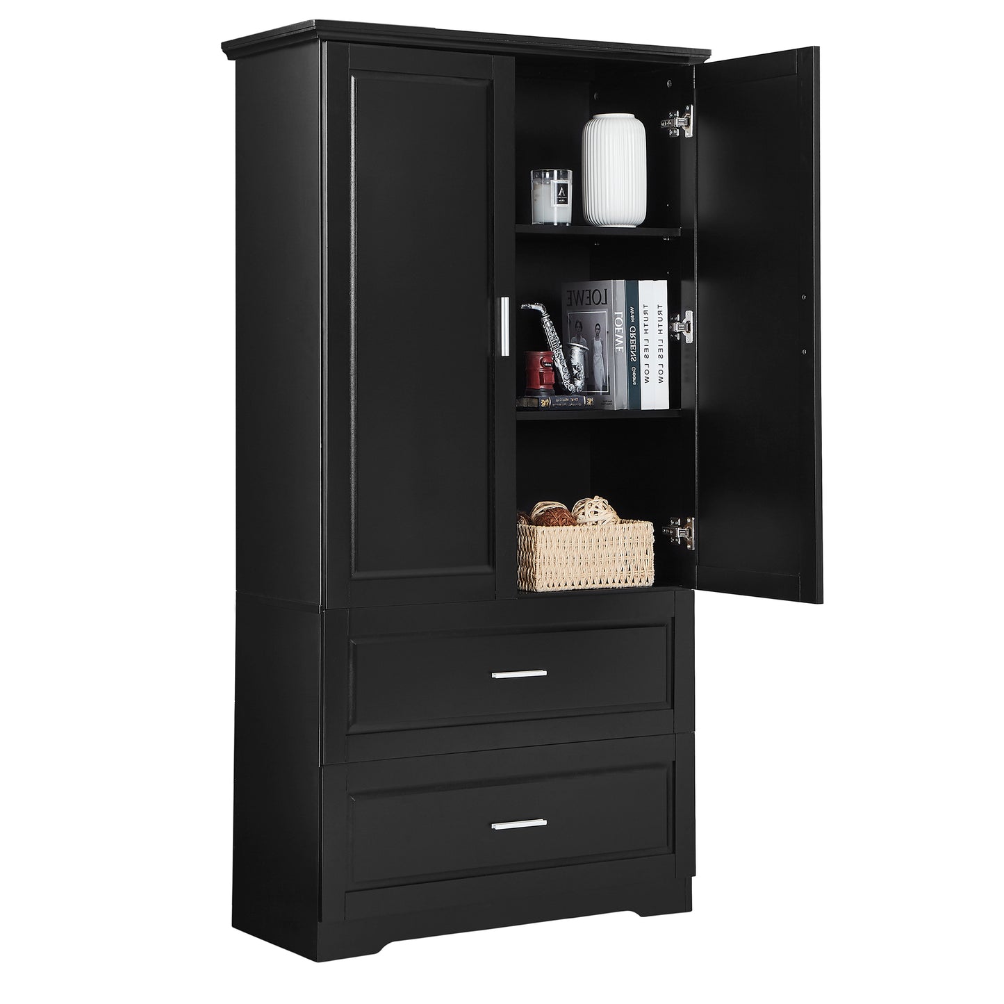 Tall Bathroom Storage Cabinet, Cabinet with Two Doors and Drawers, Adjustable Shelf, MDF Board, Black