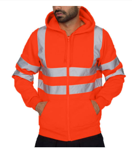 Men's reflective strip environmental sanitation work clothes with fleece hooded top, outdoor hoodie for men