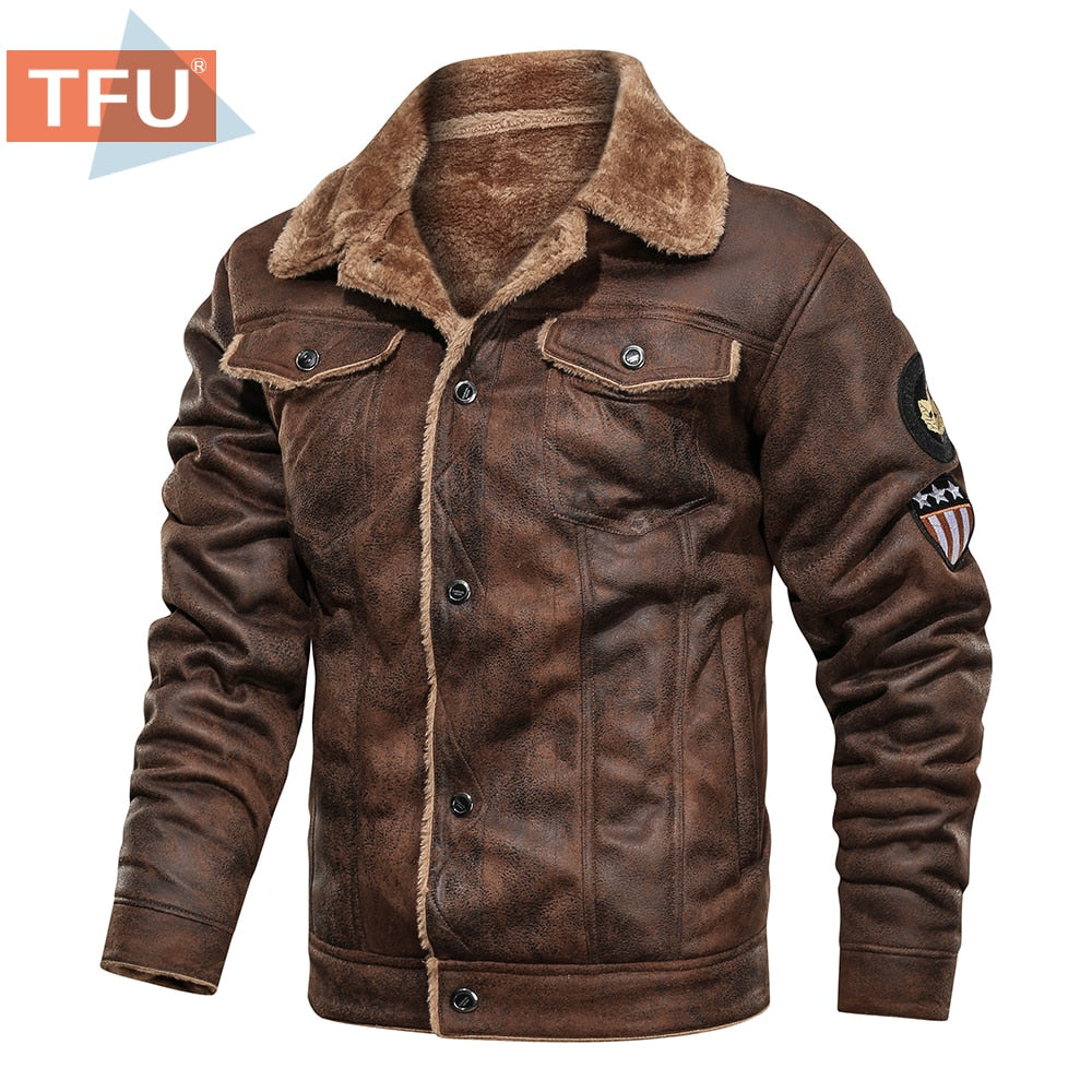 Men  Autumn Thick Warm Fleece Leather Jacket Coat Men Winter Outwear Casual Military Bomber Motor Biker Leather Jackets Men