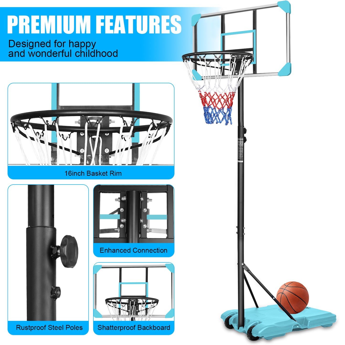 Portable Basketball Goal System with Stable Base and Wheels use for Indoor Outdoor teenagers youth height adjustable