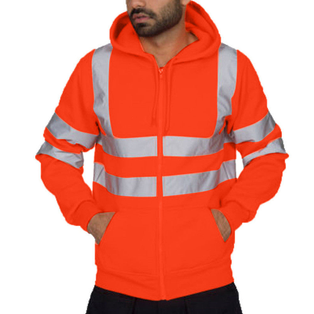 Men's reflective strip environmental sanitation work clothes with fleece hooded top, outdoor hoodie for men