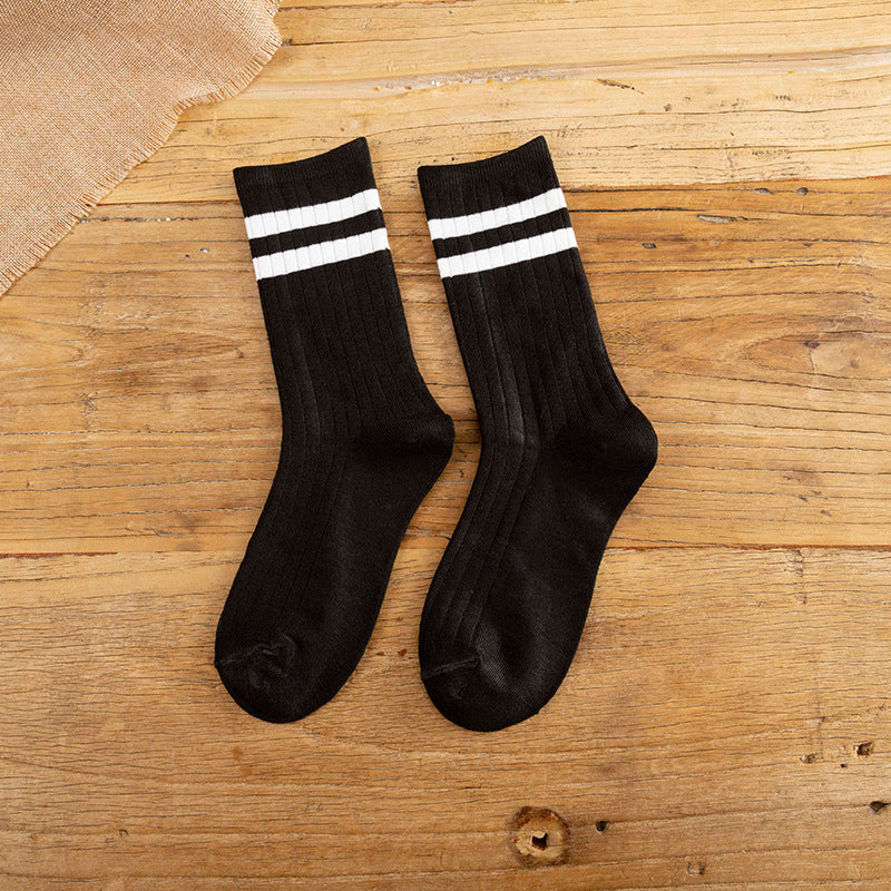 Socks Women's Spring and Autumn Popular Cotton Pile Socks Japanese Two Bar Retro Medium Long Tube Tidy Women's Socks College Style Socks