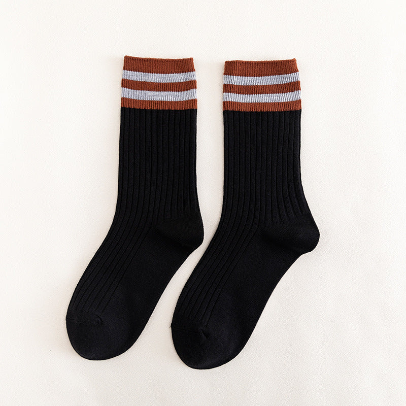 Socks Women's Spring and Autumn Popular Cotton Pile Socks Japanese Two Bar Retro Medium Long Tube Tidy Women's Socks College Style Socks