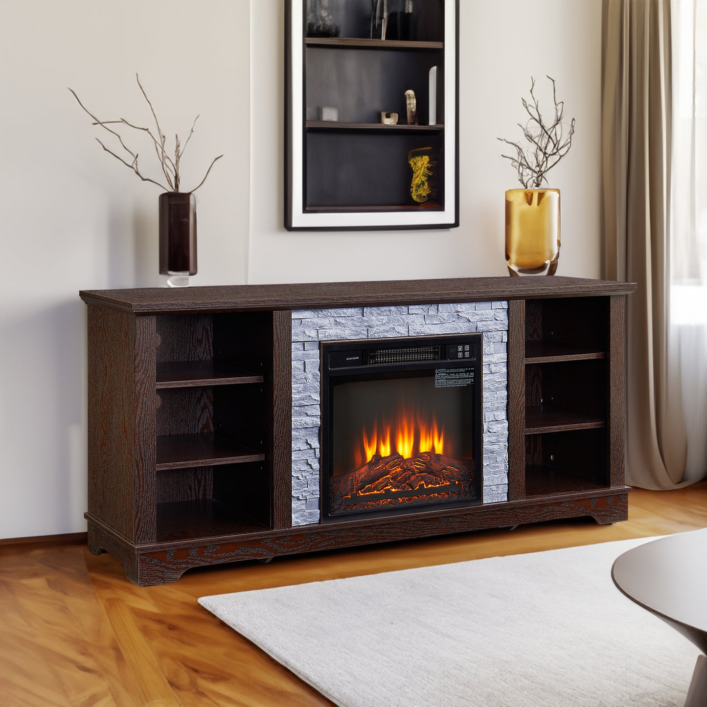 18 inch cherry colored fireplace with open entertainment console space, 58.31 inches wide, 15.39 inches deep, and 26.06 inches h