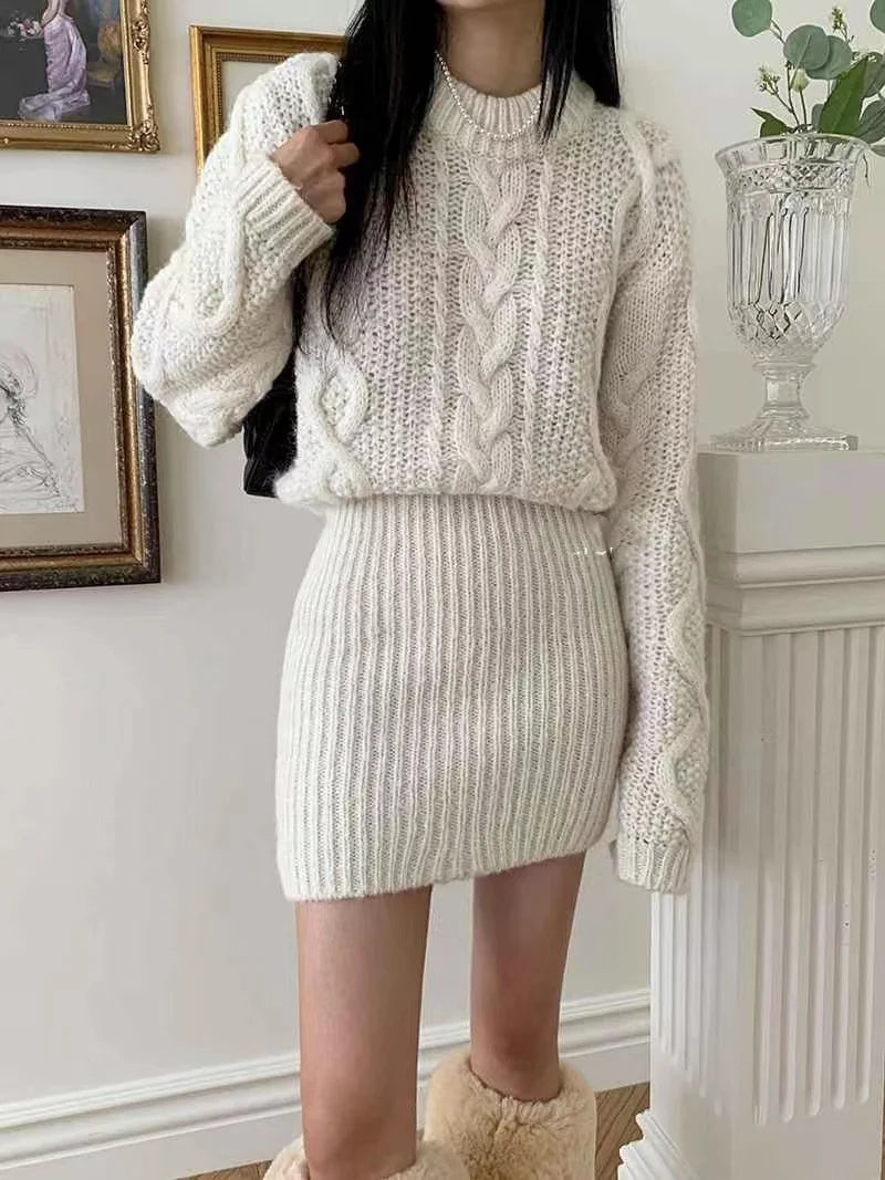 Knit Dress Chunky Cable-knit Long Sleeve Ribbed Mini Sweater Dress Women Autumn Winter Outfit