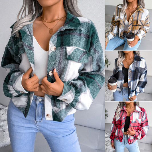 Autumn/Winter Plaid Lantern Long Sleeve Woolen Jacket Women