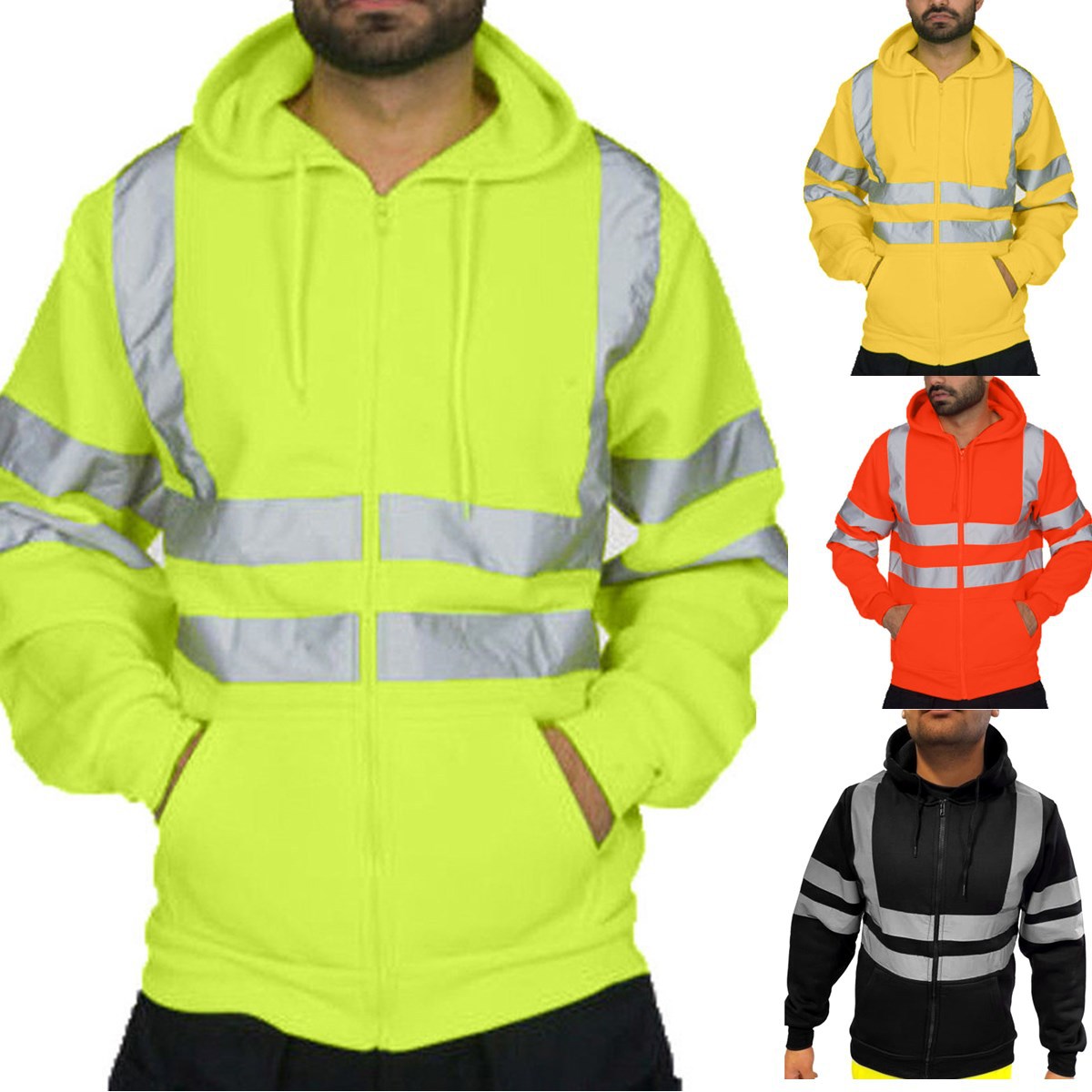 Men's reflective strip environmental sanitation work clothes with fleece hooded top, outdoor hoodie for men