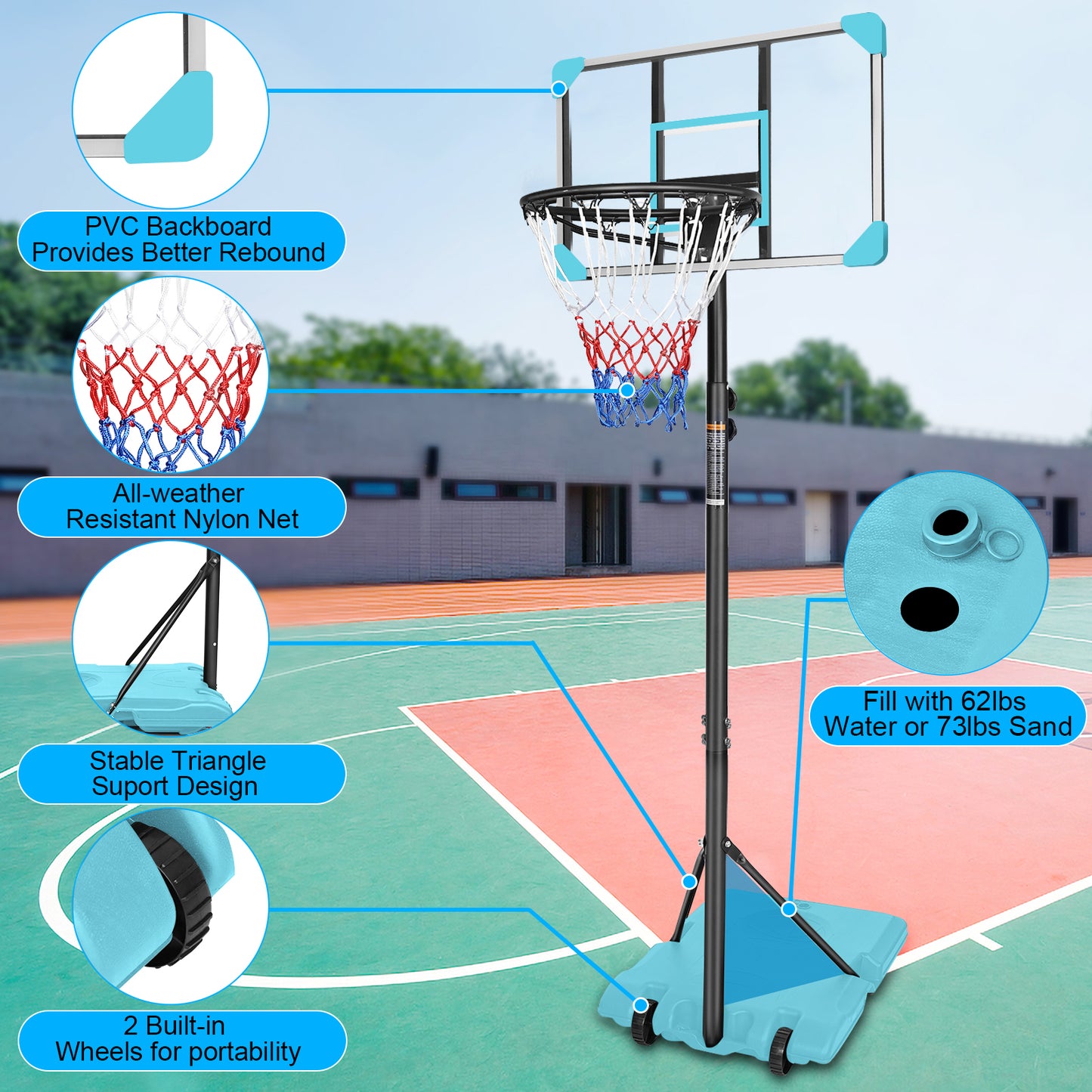 Portable Basketball Goal System with Stable Base and Wheels use for Indoor Outdoor teenagers youth height adjustable