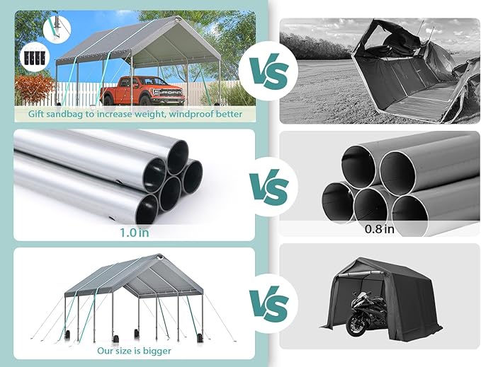 Sannwsg 10 * 20 ultra large portable carport garage, adjustable from 9.5 feet to 11 feet, with detachable roof and side walls