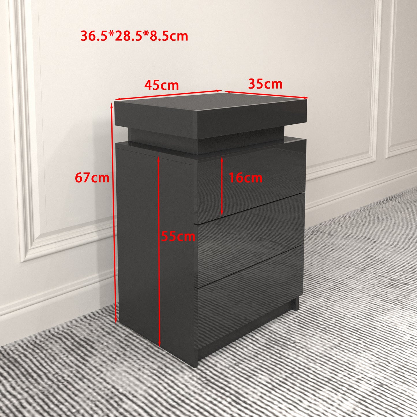 LED Black Nightstand Modern Multi-Colour LED Night Table Bedside Tables for Bedroom, Living Room