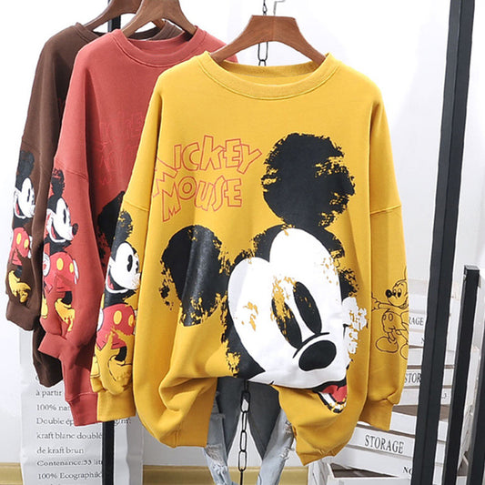 Autumn And Winter New Pullover Top Round Neck Cartoon Mickey Print Long Sleeve Loose Sweater For Women