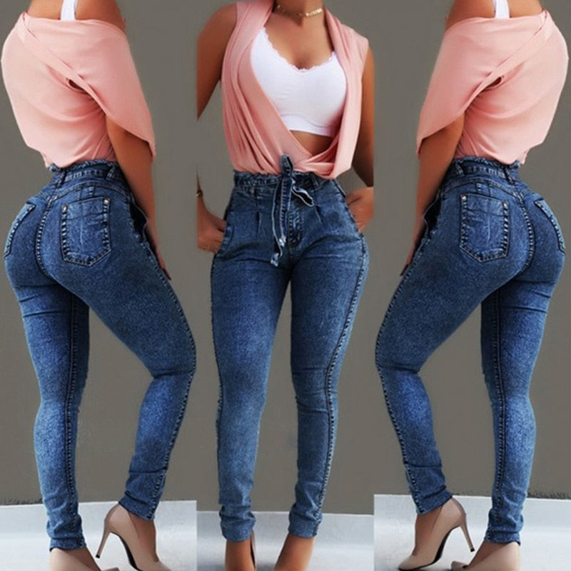 High Waist Jeans Women Streetwear Bandage Denim Plus Size Jeans Femme Pencil Pants Skinny Jeans Woman