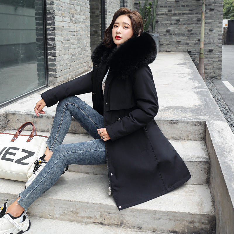 Korean version of long and medium length big fur collar with fleece jacket cotton jacket for women's fashion