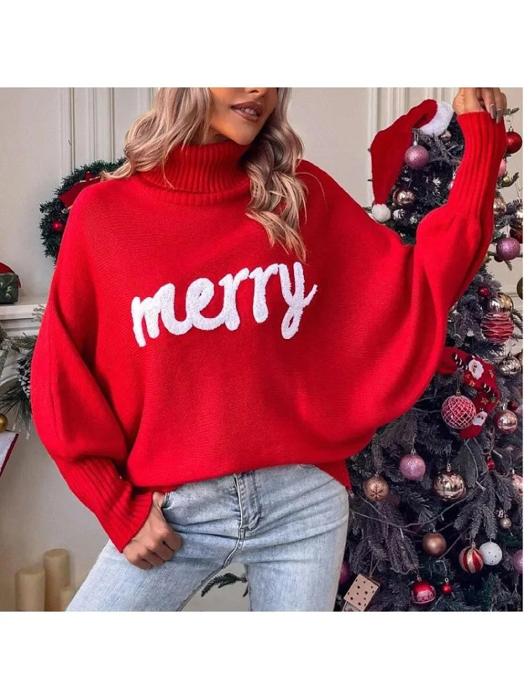 Fashion Knitt Embroidery Women Woolen Sweater Elegant Batwing Sleeve Female Turtleneck  Autumn Winter Christmas Pullover