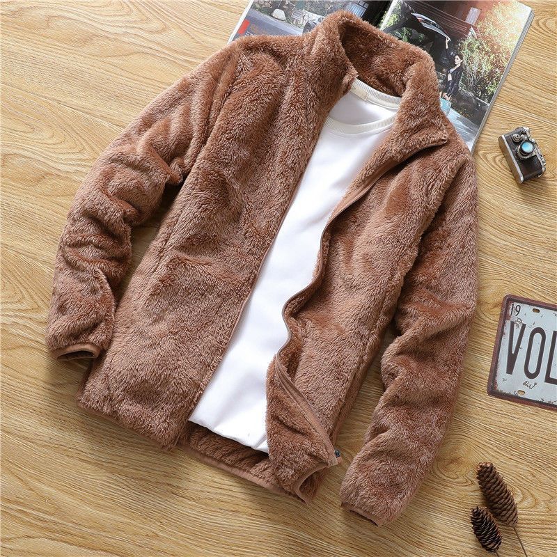 Men's Korean loose autumn and winter jacket, men's standing collar fleece jacket, double-sided fleece top