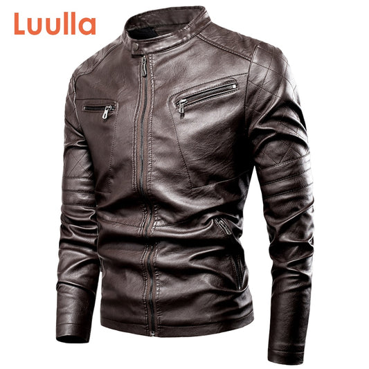 Luulla Men's Spring New Motor Casual Vintage Leater Jacket Men Brand Autumn Biker Rivet Pockets PU Leather Jacket Coat Men