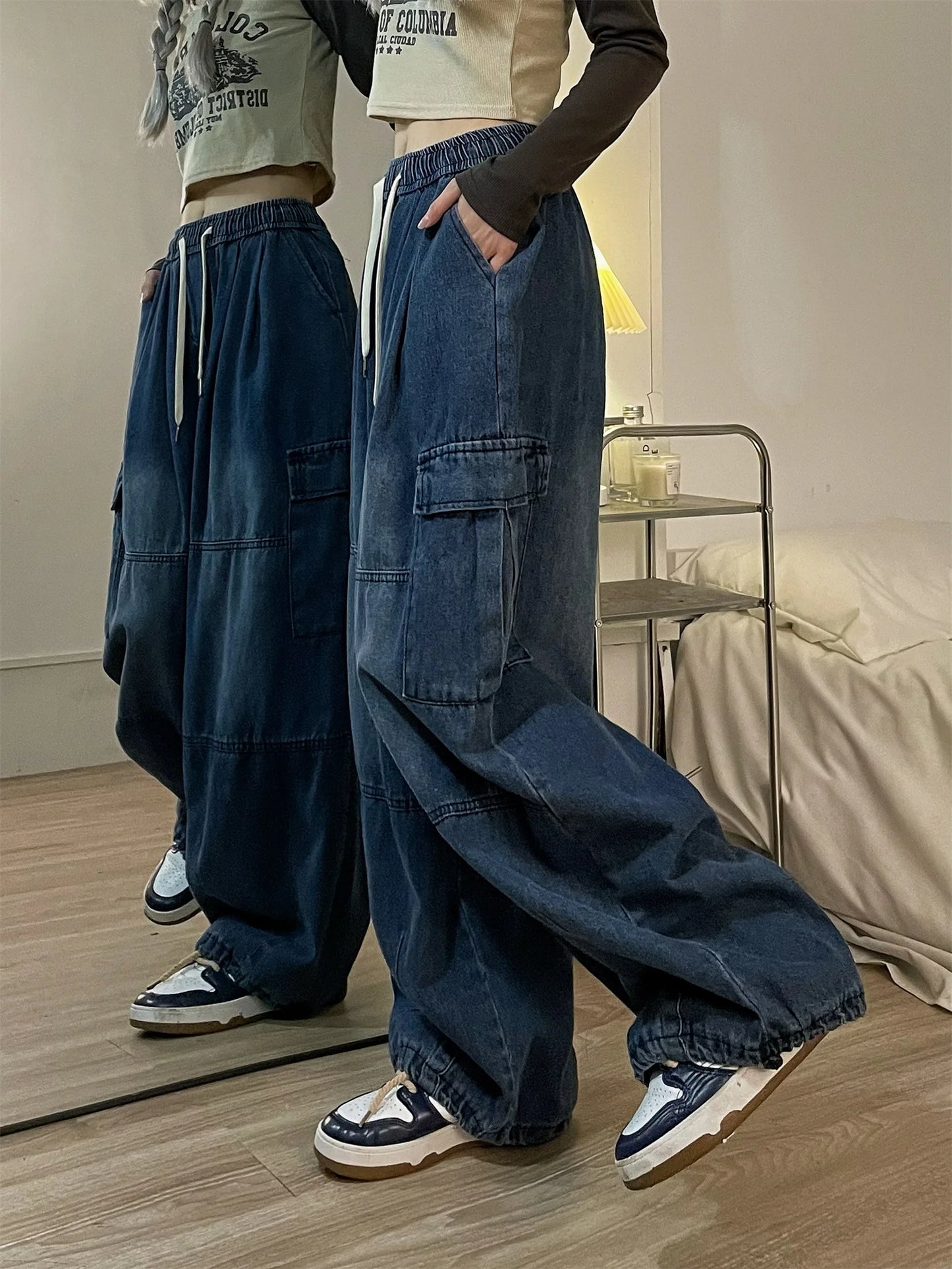 Vintage Blue Cargo Jeans Women Oversized  Denim Pants Hip Hop Streetwear Retro Wide Leg Trousers