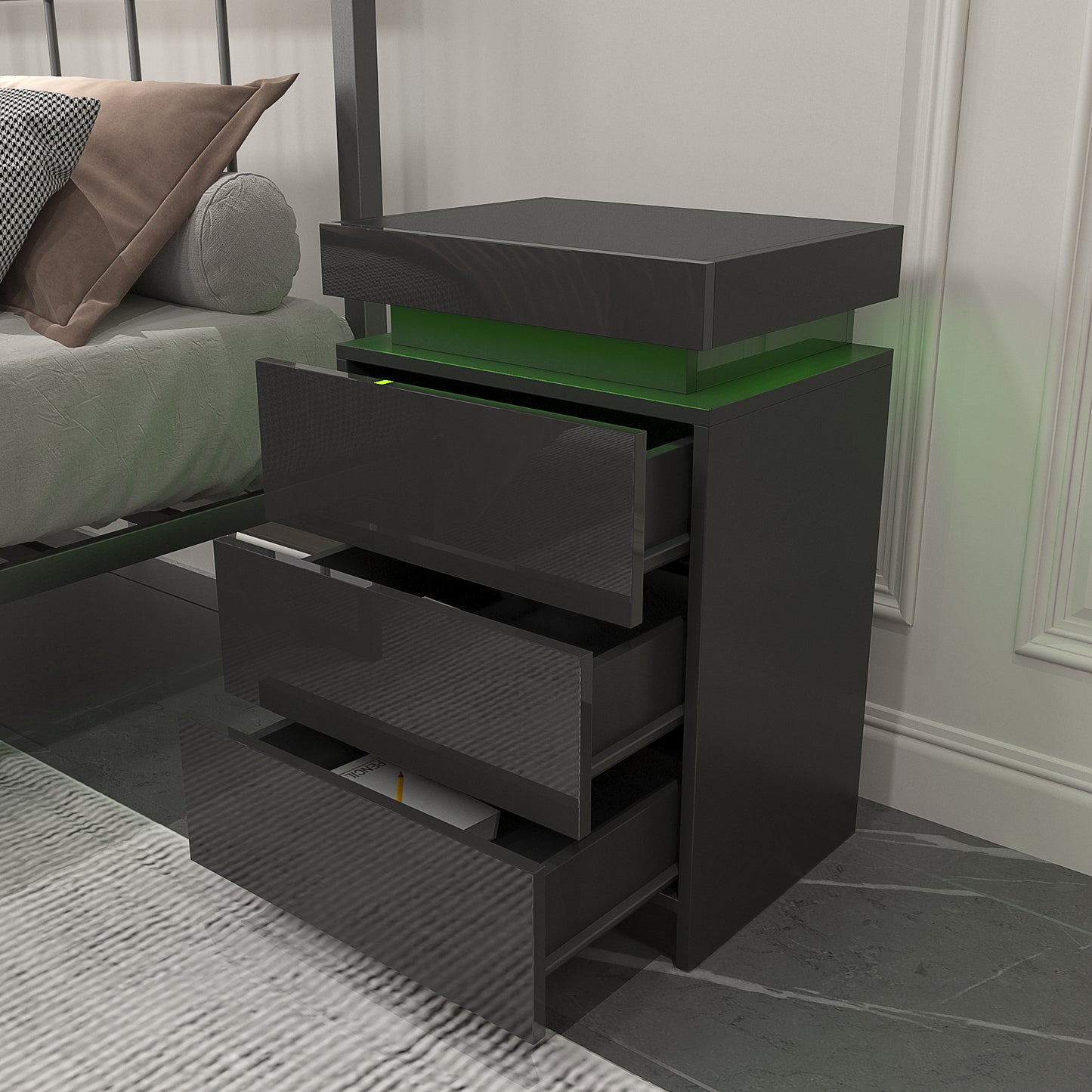 LED Black Nightstand Modern Multi-Colour LED Night Table Bedside Tables for Bedroom, Living Room