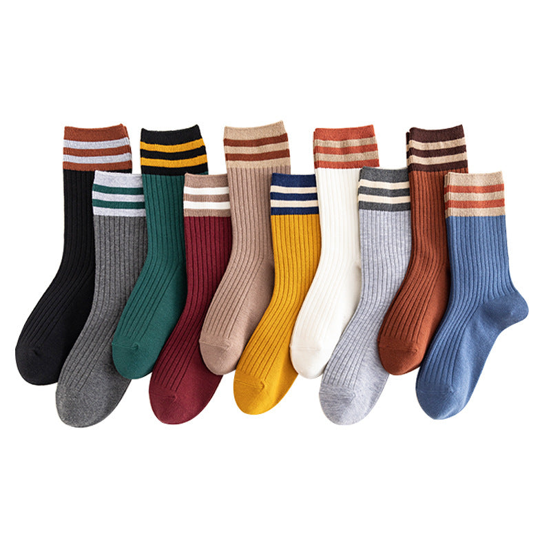 Socks Women's Spring and Autumn Popular Cotton Pile Socks Japanese Two Bar Retro Medium Long Tube Tidy Women's Socks College Style Socks