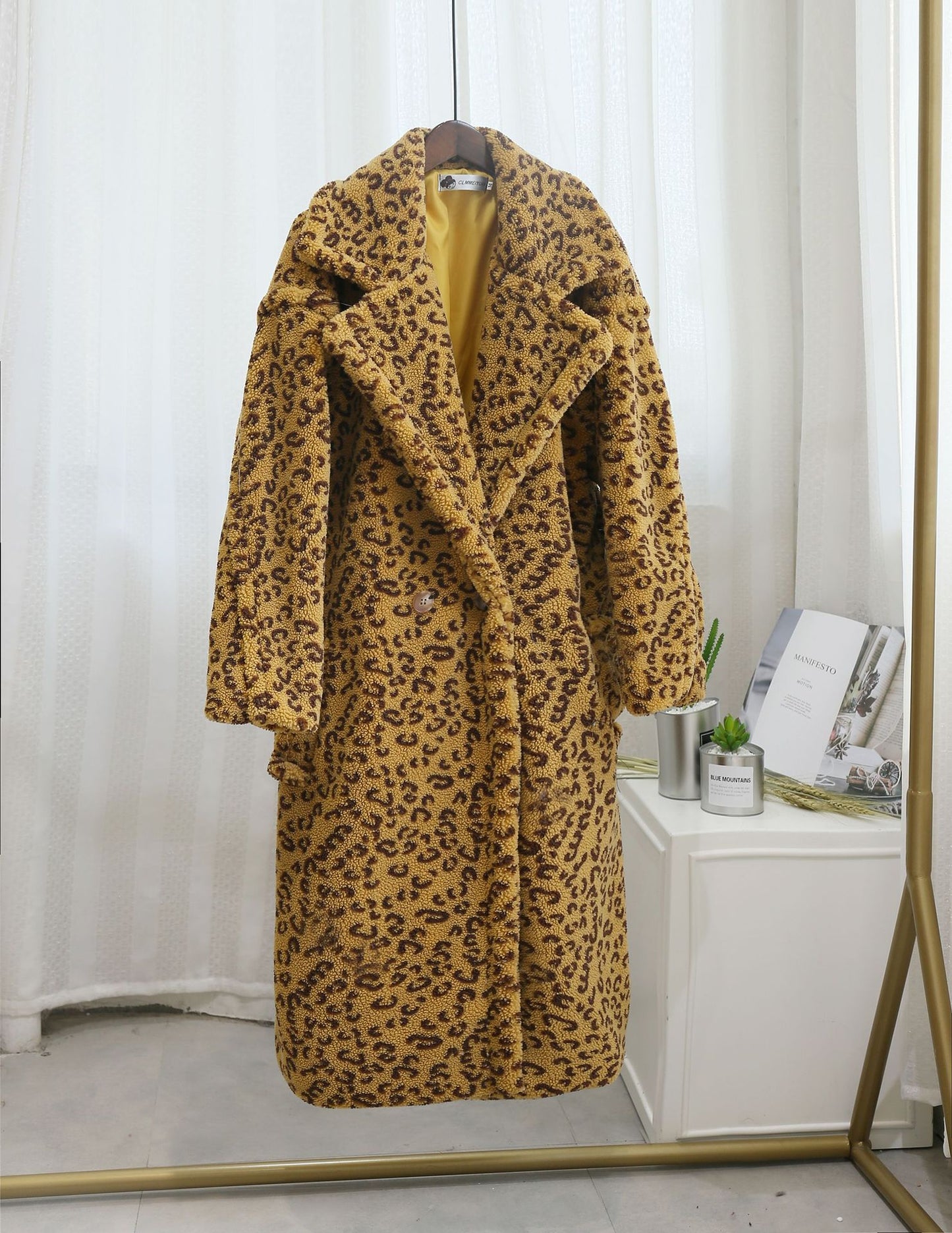 Winter Leopard Print Lapel Collar Long Fleece Jacket Women Oversized Pink Faux Fur Coat Thick Warm Teddy Jacket