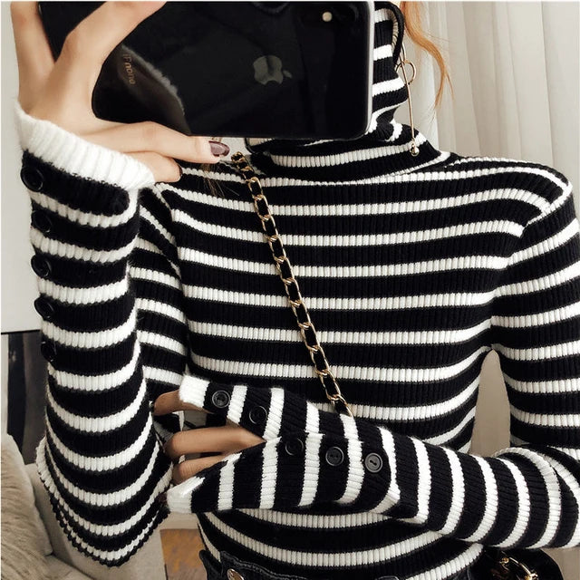 Women Striped Sweater Autumn Winter New Korean Fashion Slim Pullover Basic Top Soft Knit Sweaters Long Sleeve Button