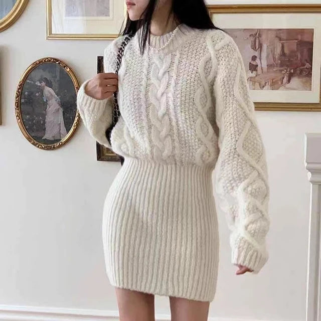 Knit Dress Chunky Cable-knit Long Sleeve Ribbed Mini Sweater Dress Women Autumn Winter Outfit